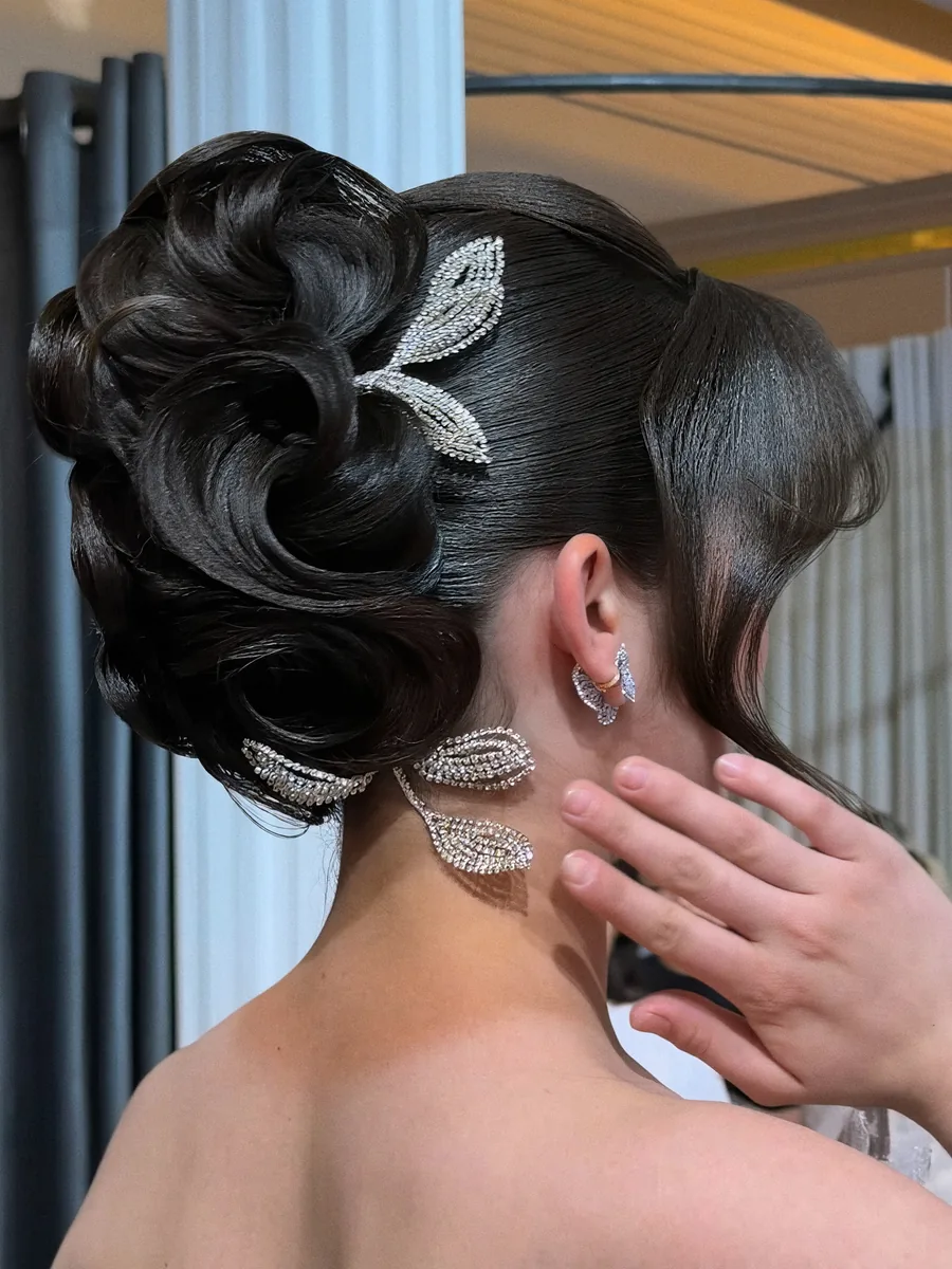 Updo with crystal accent, nape detail